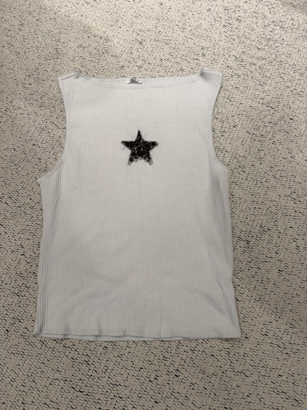 White Ribbed Tank Top with Leopard Star Embellishment